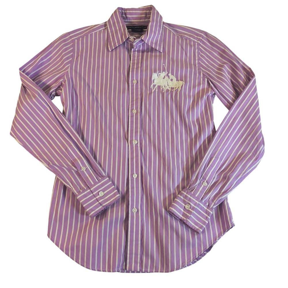 Ralph Lauren Sport Pink Striped Button Down Shirt Preppy Y2K Slim Fit Logo